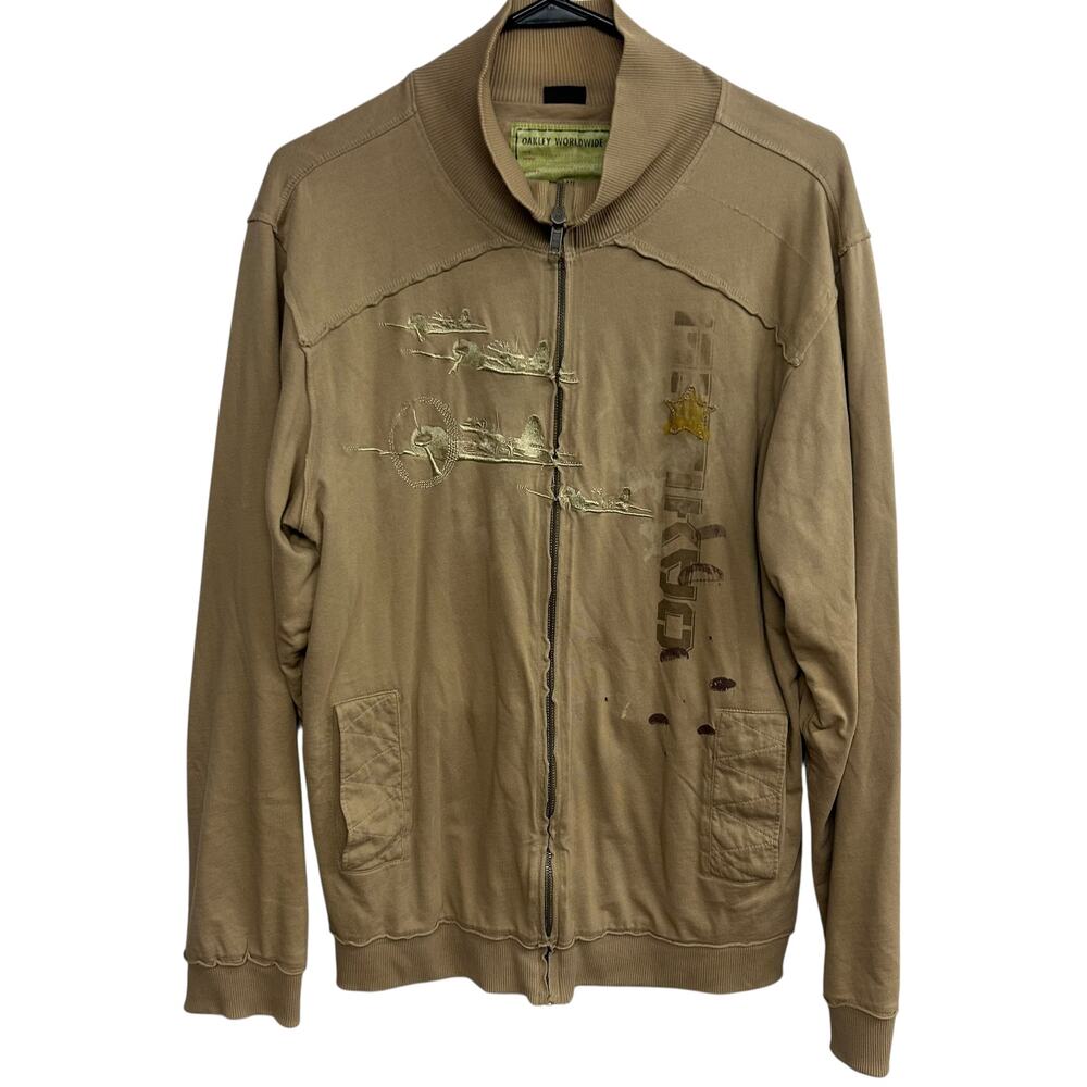 Oakley‎ Zip Sweater Mens L Tan Y2K Embroidered Distressed Knit Bomber Military